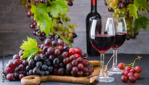 赤ワイン。赤ワインとワイングラス。背景は葡萄のイメージ。Red wine. Red wine and a wine glass. The background is an image of grapes. photo