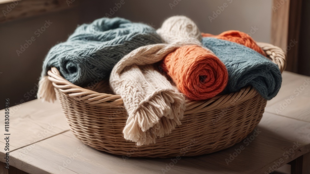 Obraz premium Rolled-up knitted scarves inside wicker basket