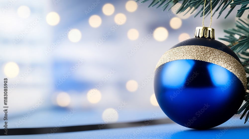 Fototapeta premium Close-up Photo: Deep Blue Christmas Ornament Gleaming Gently Amongst Festive Lights. AI Generated