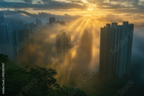 Majestic Sunrise Over Foggy Urban Skyline photo