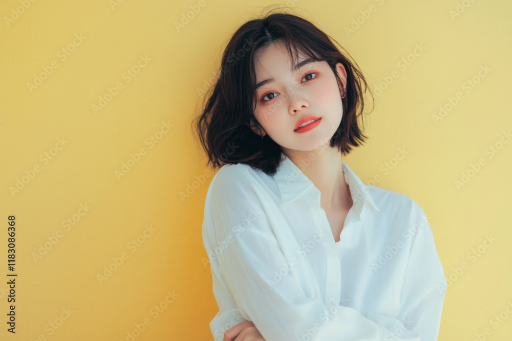 Side view young smiling Asia woman she wear white shirt casual clothes hold hands crossed folded look camera isolated on plain pastel light beige background studio portrait. Lifestyle concept Side view young smiling Asia woman she wear white shirt casual clothes hold hands crossed folded look camera isolated on plain pastel light beige background studio portrait. Lifestyle concept