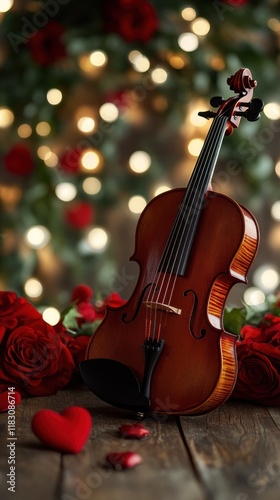 Elegant violin with beautiful red roses and soft twinkling lights in the background creating a romantic and festive atmosphere for a classical music performance or holiday decor