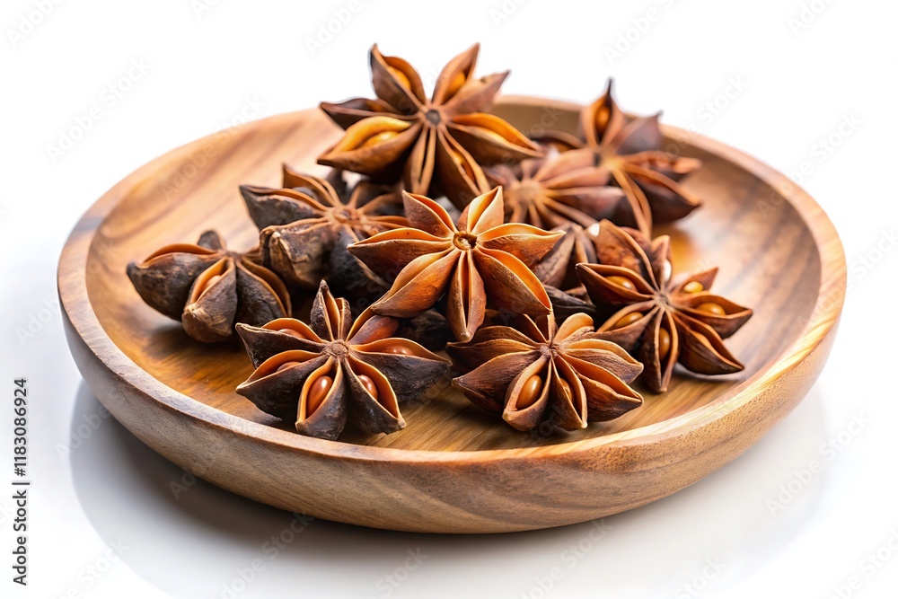 A close-up shot of star anise spice on a small wooden plate, isolated on a white background. The anise is arranged in a pile, with the points of the stars facing outward. A close-up shot of star anise spice on a small wooden plate, isolated on a white background. The anise is arranged in a pile, with the points of the stars facing outward.