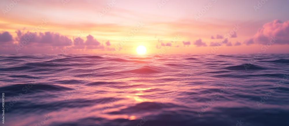 Obraz premium Serene ocean sunset with pink and purple hues, gentle waves.
