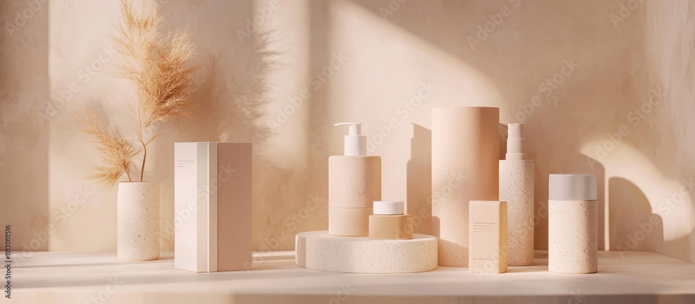 Obraz premium Beige cosmetic products on shelf with pampas grass.