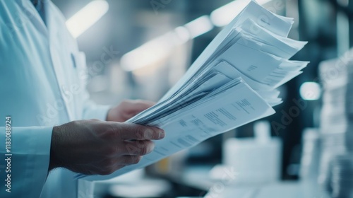Scientist reviewing a stack of research papers in a laboratory.