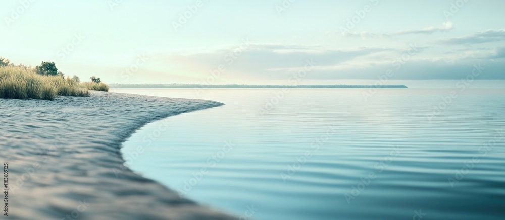 Obraz premium Serene coastal scene at dawn, tranquil waters meeting sandy shore with grass.