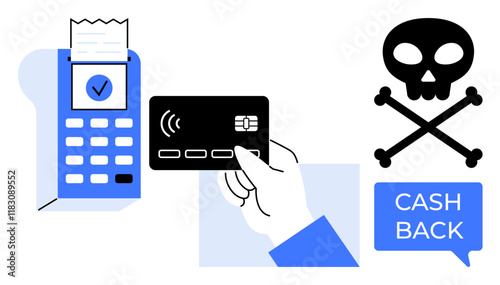Hand holding credit card toward payment terminal, receipt with checkmark, skull and crossbones, cash back message. Ideal for finance, security, fraud, risk, e-commerce cyber threats fintech