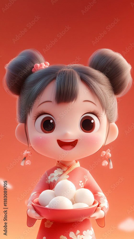 Cute 3d cartoon characters holding a bowl of tangyuan Cute 3d cartoon characters holding a bowl of tangyuan