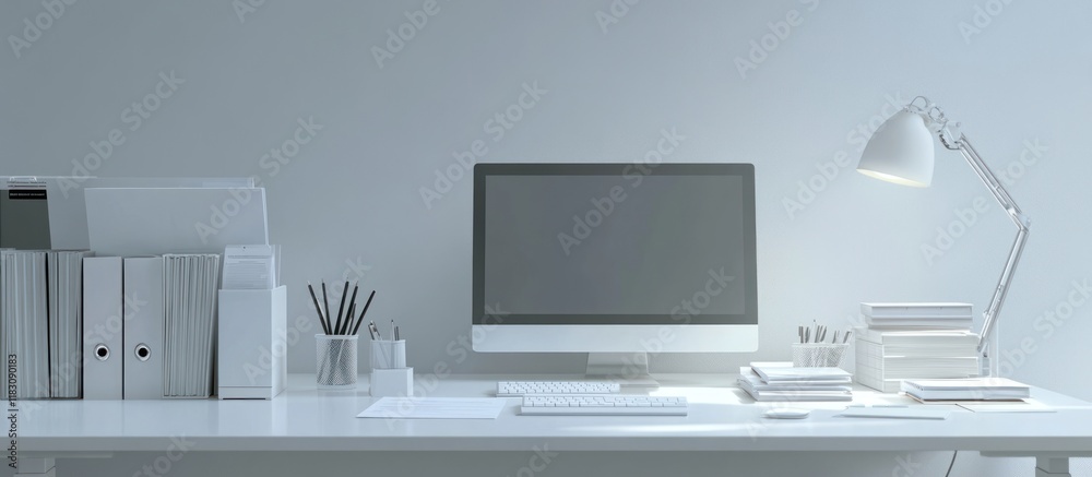 Minimalist white home office workspace with computer, desk lamp, and stationery. Minimalist white home office workspace with computer, desk lamp, and stationery.
