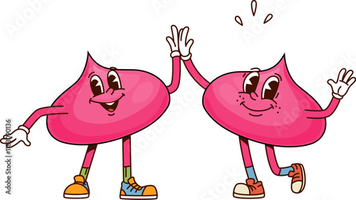Sweet dessert groovy characters of meringue cookie with funny faces, cartoon vector. Groovy meringue or caramel candy friends with High Five gesture and happy smile and funky retro cartoon characters