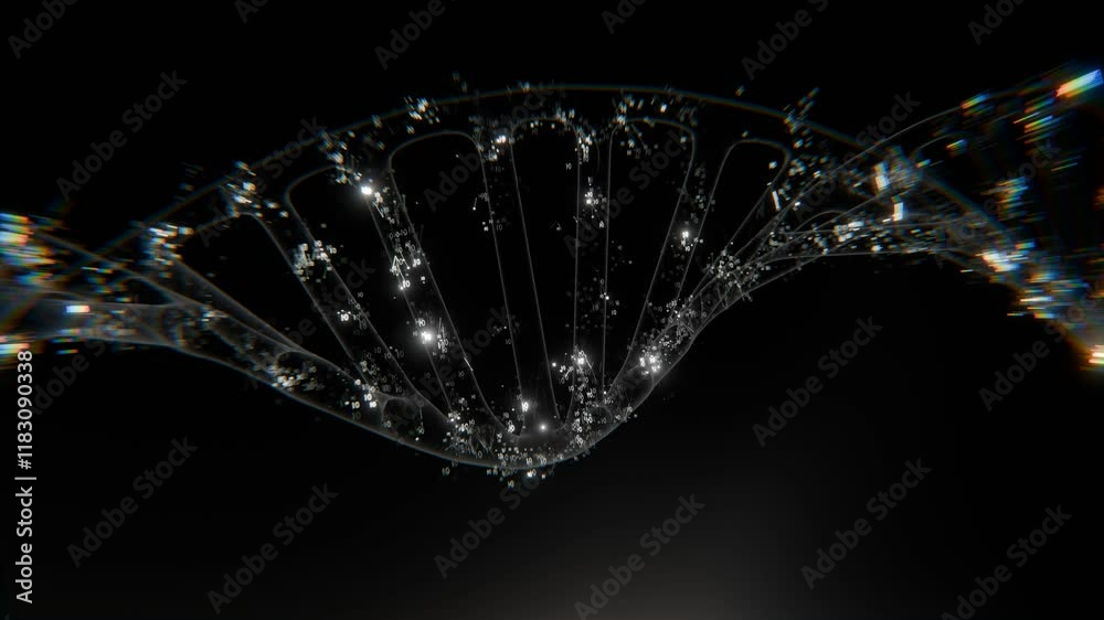 Genetic Code Sequencing. Abstract animation of a rotating, ethereal DNA strand.