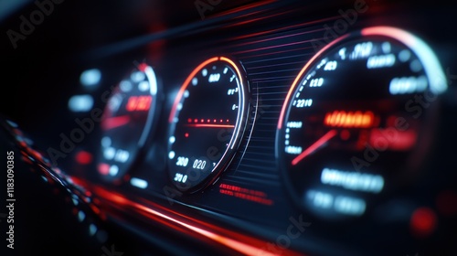 Close-up of illuminated car dashboard gauges at night, showing speed and RPM.