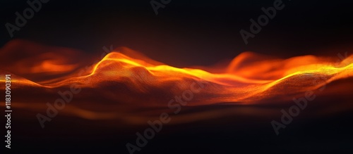 Abstract fiery landscape, glowing orange and red waves in dark background.