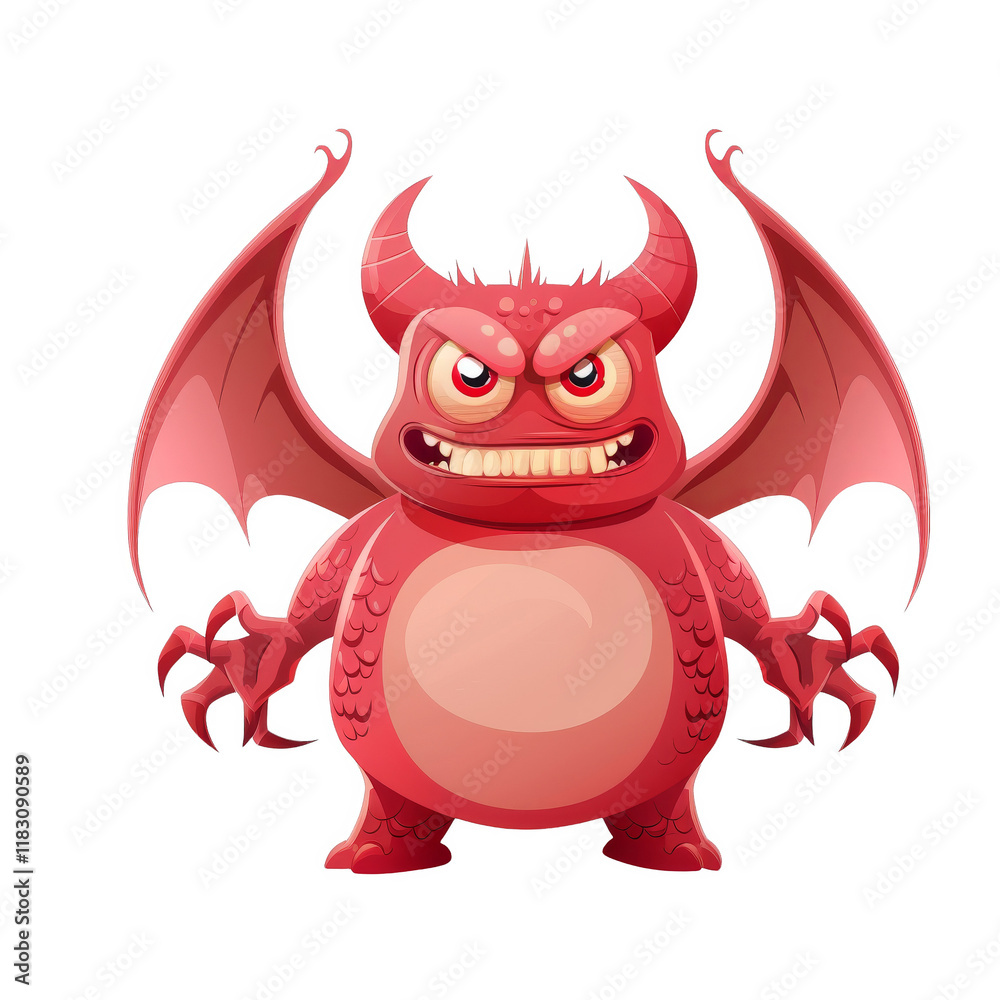 A red monster with horns, wings, sharp claws, and a menacing expression. A red monster with horns, wings, sharp claws, and a menacing expression.