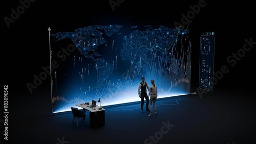 Business Team Discussing Global Financial Graph in Futuristic Environment