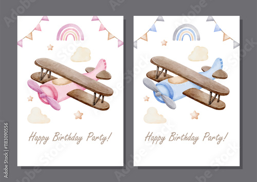 Watercolor Vector set of Blue and Pink Vintage Airplanes for Invitation Card Template Design
