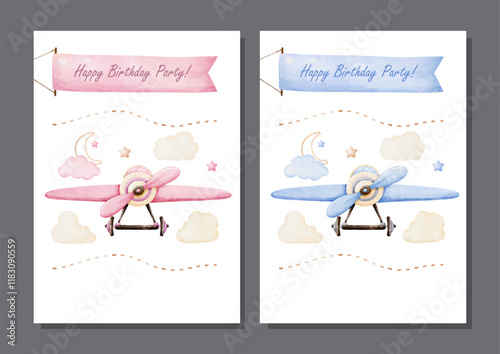 Watercolor Vector set of Blue and Pink Vintage Airplanes for Invitation Card Template Design