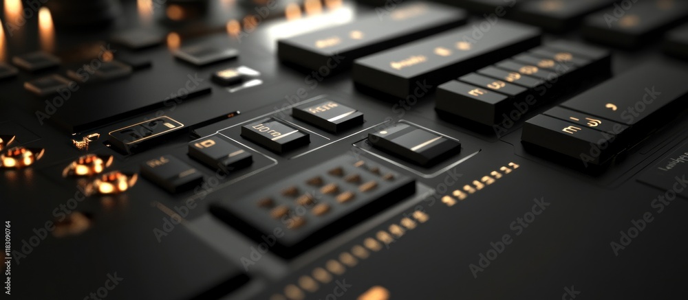 Close-up of a black circuit board with gold connectors and microchips. Close-up of a black circuit board with gold connectors and microchips.