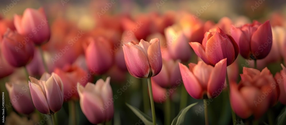 Obraz premium Close-up of a field of salmon-pink tulips bathed in soft sunlight.