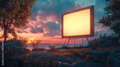 Dramatic and Ethereal Sunset Over Picturesque Pastoral Countryside Landscape With Silhouetted Trees and Glowing Colorful Cloudy Sky Reflected in the Grass Field Below