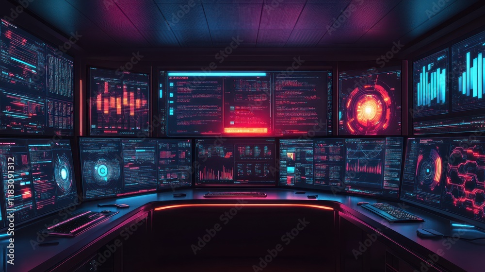 Obraz premium Futuristic control room with multiple monitors displaying data.