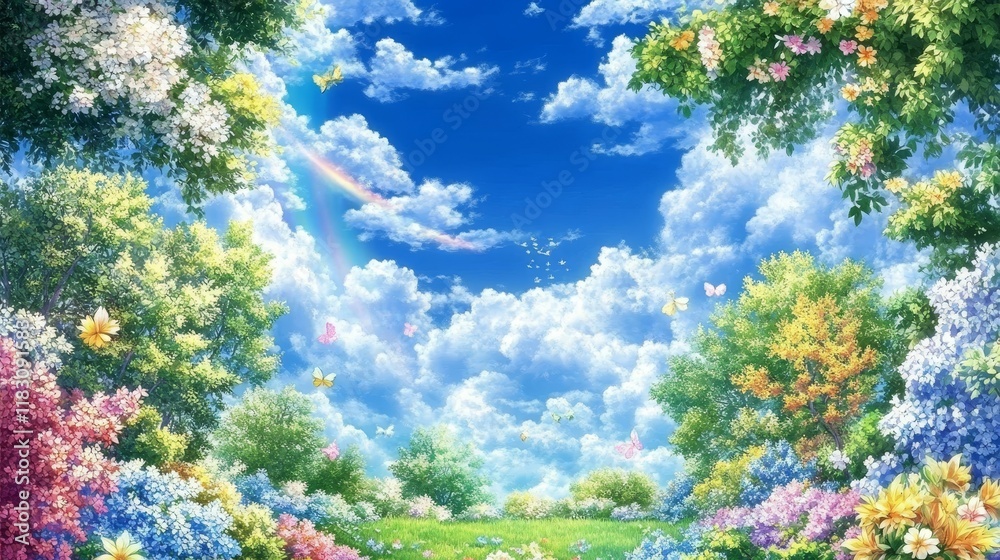 Fototapeta premium Springtime Fantasy Blossoming Garden, Rainbow Sky