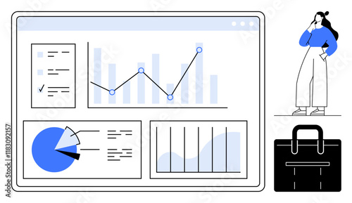 Businesswoman analyzing digital dashboard with line graph, pie chart, bar graphs, document list, and business briefcase. Ideal for business analytics, data visualization, market trends, strategic