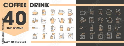 Coffee drink line icons of coffeemakers, moka pot and coffee mill, vector pictograms. Coffee drink preparation icons of beans, cappuccino, americano or espresso cup mug and drip coffee pot