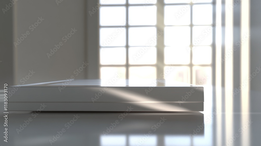 Fototapeta premium White rectangular device on reflective surface, sunlit window background.