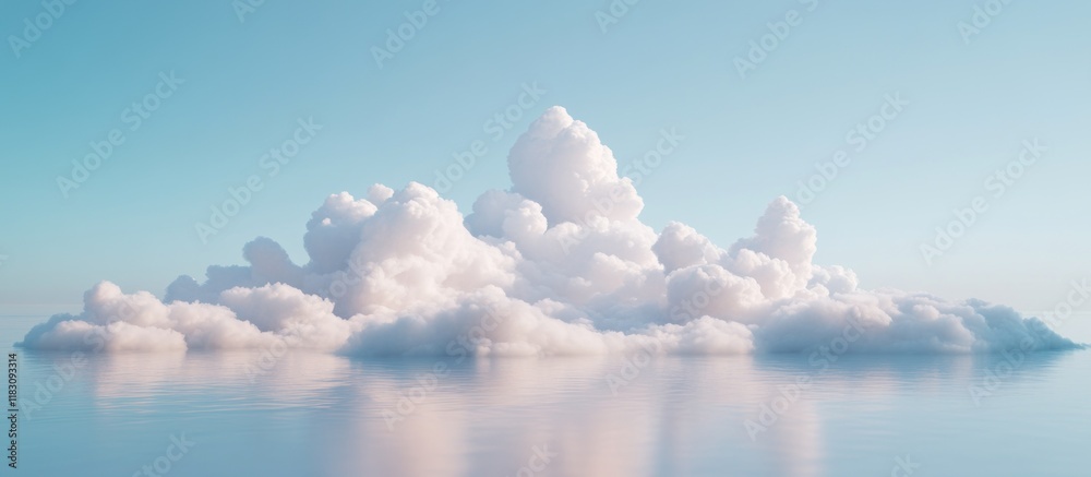 Fluffy white clouds float above a calm ocean reflecting the sky. Fluffy white clouds float above a calm ocean reflecting the sky.