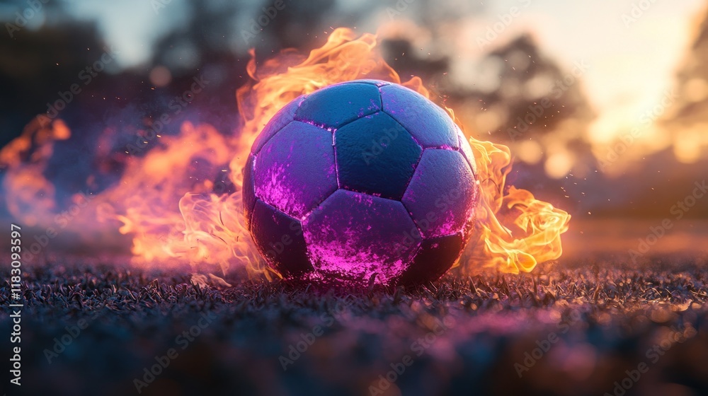 Fototapeta premium Fiery soccer ball on field at sunset.