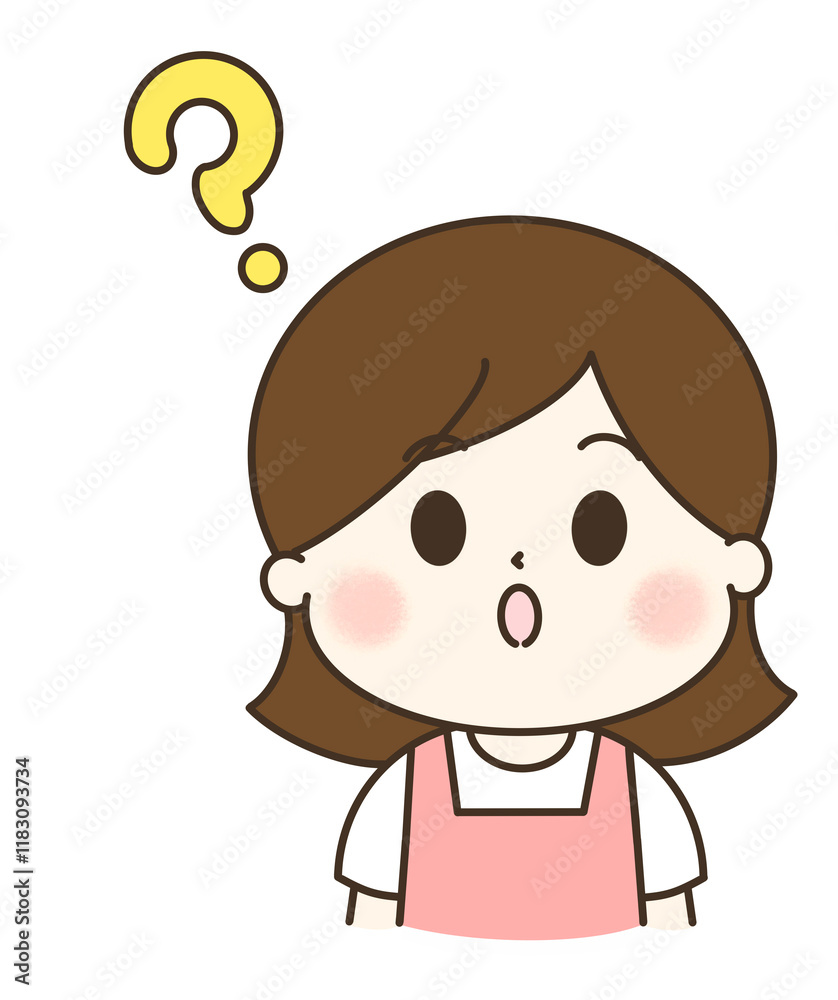 はてなと疑問を持つエプロンの女性の上半身のゆるかわイラスト はてなと疑問を持つエプロンの女性の上半身のゆるかわイラスト
