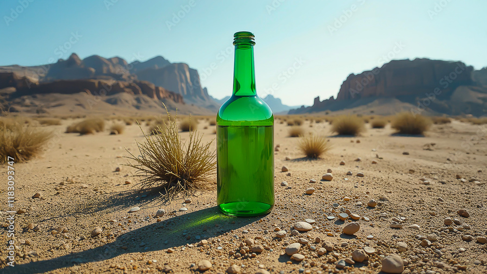Green glass scientific bottle in the middle of the desert Green glass scientific bottle in the middle of the desert