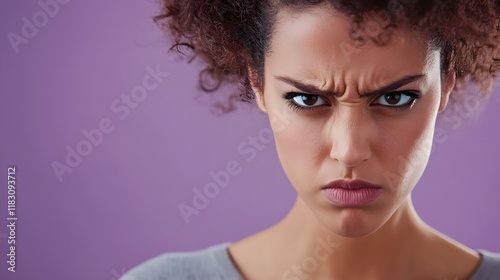 A person with a tense expression, eyes narrowed and mouth tight, against a solid purple backdrop photo