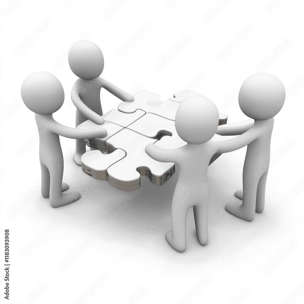Four figures collaboratively assembling a puzzle. Four figures collaboratively assembling a puzzle.