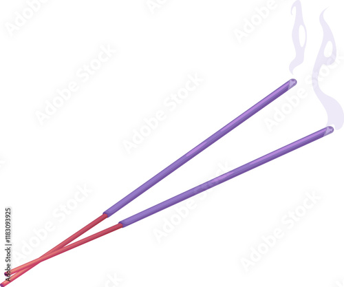 Cartoon two burning lavender incense sticks with purple stems, emitting light smoke. Natural healthy aromatherapy and home fragrance evokes a sense of calm, spirituality, and relaxation for meditation
