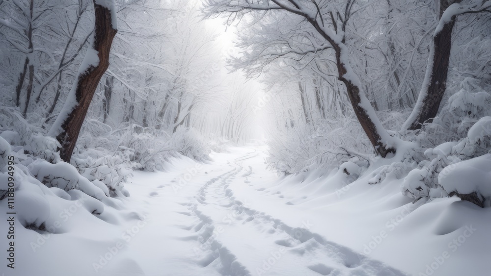Snow-covered forest trail with bare trees in winter sunlight Snow-covered forest trail with bare trees in winter sunlight