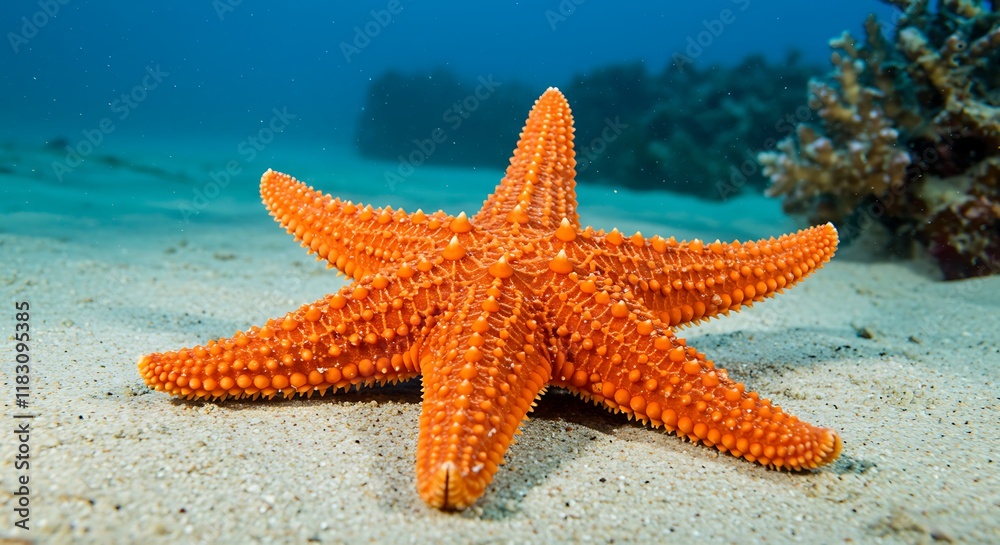 Vibrant Orange Starfish on Sandy Ocean Floor Underwater Seascape Vibrant Orange Starfish on Sandy Ocean Floor Underwater Seascape