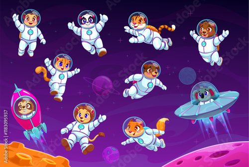 Cartoon animal astronauts in outer space. Vector set of cute floating monkey, cat, panda and sloth, lion, fox, dog and bear with tiger or koala characters dressed as cosmonauts travel in far galaxy