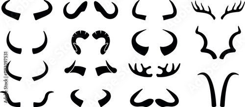 Set of different animal horn silhouettes on white background
