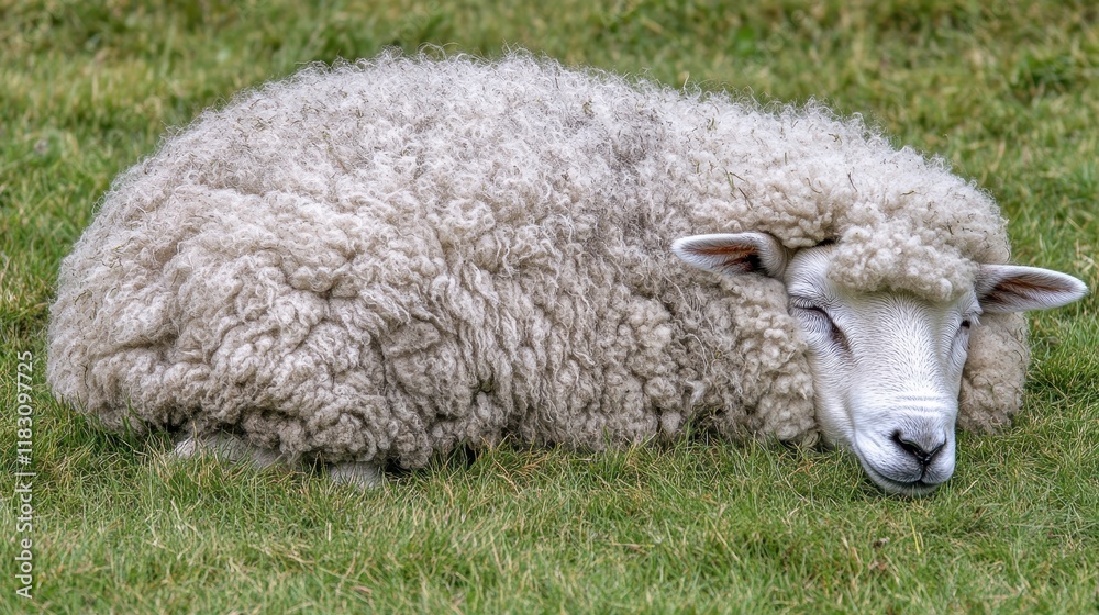 Fluffy sheep resting peacefully in a green pasture. Ideal for themes of peace, tranquility, and nature.