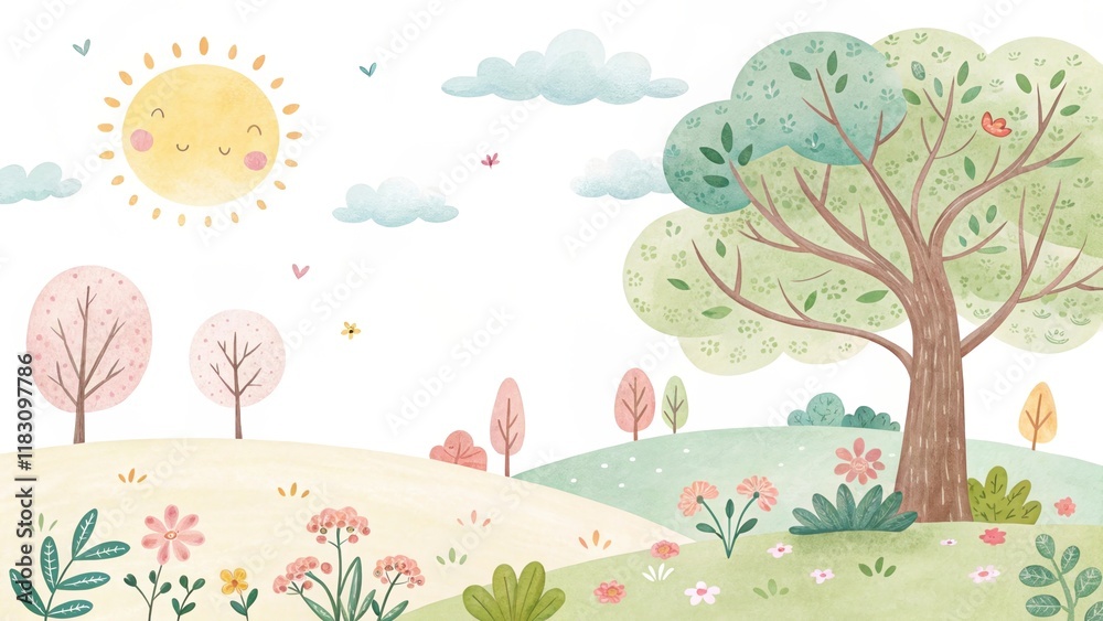 tree and sunny sky cute watercolor art illustration background tree and sunny sky cute watercolor art illustration background
