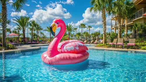 Colorful inflatable flamingo lounging in a pool on a sunny day. photo