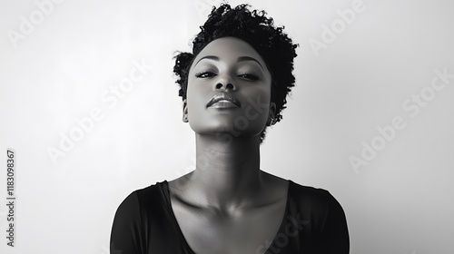 A woman with a proud stance, chest out, eyes forward, against a plain white backdrop