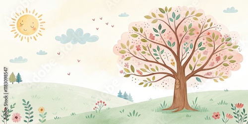 tree and sunny sky cute watercolor art illustration background