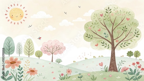 tree and sunny sky cute watercolor art illustration background