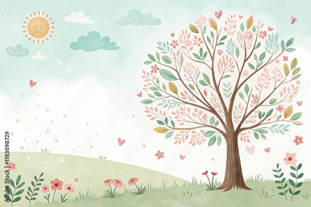 Fototapeta premium tree and sunny sky cute watercolor art illustration background