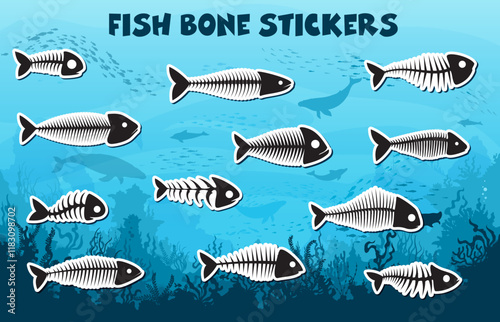 Stickers pack of fish bone skeleton silhouettes and sea underwater nature landscape vector background. Salmon, herring and bass fish skeletons with silhouettes of spine, rib, fin, tail and skull bones