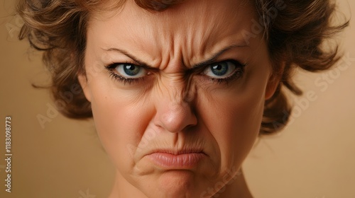 A woman showing deep concern, eyebrows furrowed and mouth tight, against a plain light brown background